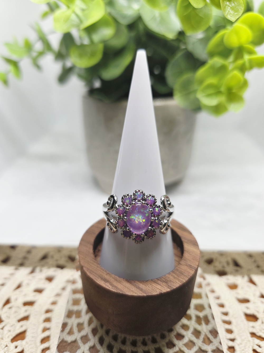 BP Sterling Silver Ring with Purple Opal and Halo Accent Stones